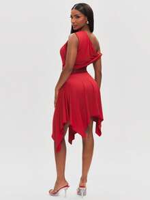 NYA SZN Dress Mini Length One Shoulder Lace Handkerchief Hem High Low Casual Brunch Date Night Summer Red Outfits For Women - Multicolor - View 2