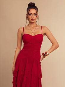 Silquee Mesh Pleated Hem Ruffle Cami Dress - Red - View 9