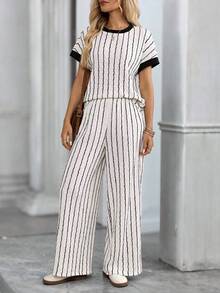 EMERY ROSE Women's Summer Casual Striped Top And Pants 2 Pieces Set Lounge Black And White Striped Casual Women Outfits 2-Piece Going Out Sets For Women - Multicolor - View 1