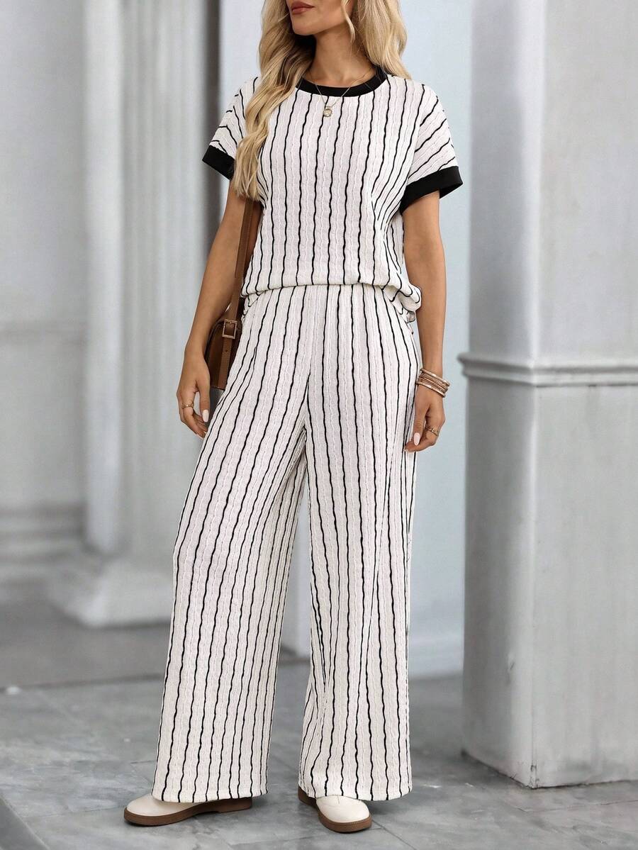 EMERY ROSE Women's Summer Casual Striped Top And Pants 2 Pieces Set Lounge Black And White Striped Casual Women Outfits 2-Piece Going Out Sets For Women - Multicolor - View 1