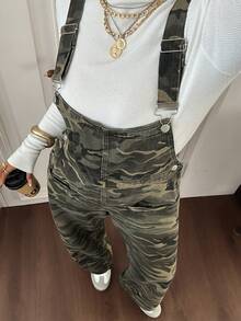 Dazy Plus Camouflage Print Pocket Casual Streetwear Sweet Cool Loose Fit Long Denim Overalls Plus Size Women Spring Summer - Army Green - View 1