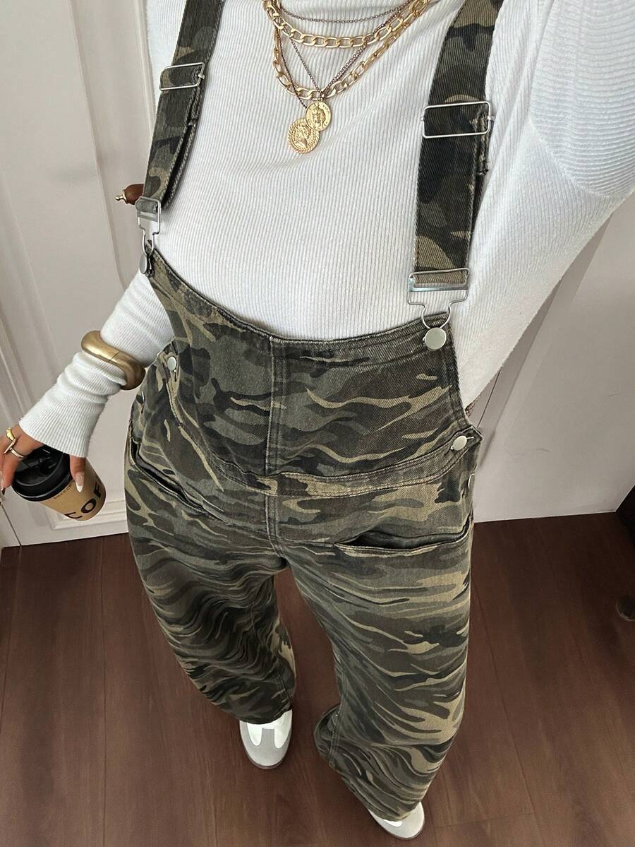 Dazy Plus Camouflage Print Pocket Casual Streetwear Sweet Cool Loose Fit Long Denim Overalls Plus Size Women Spring Summer - Army Green - View 1