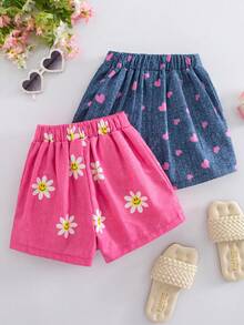 SHEIN Elladie kids 2件套 女童活力假日向日葵、爱心、人脸牛仔印花不对称短裤，蓝粉组合，适合夏季外出穿着 - 彩色 - 查看 2