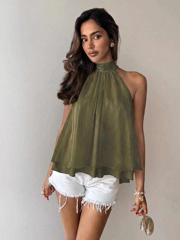 Aloruh Women's Elegant Shiny Pink Backless Top - Olive Green - View 3