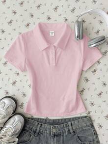 青少年女孩粉色純色休閒極簡半鈕扣 Polo 領修身短袖 T 恤 - 粉色 - 查看 1