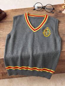 PrepCrw HARRY POTTER X SHEIN 兒童青少年男孩V領撞色學院風刺繡針織背心 秋季 - 灰色 - 查看 6