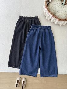 SHEIN LMoss Kids Young Girl 2件組粉色與白色牛仔寬鬆長褲女童款 - 彩色 - 查看 2