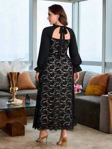 Modelyn Women's Plus Size Black Lace Patchwork Hollow Out Dress - Black - View 2