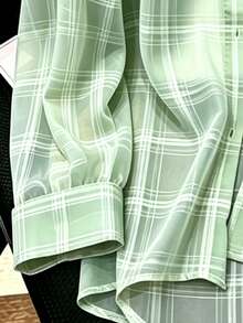 INAWLY 大尺碼休閒格紋單排扣長袖襯衫，適合日常穿著 - 綠色 - 查看 3