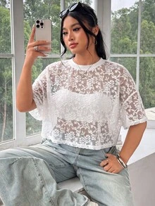 SHEIN EZwear 大尺碼女款休閒度假蕾絲透視圓領T恤 - 白色 - 查看 4