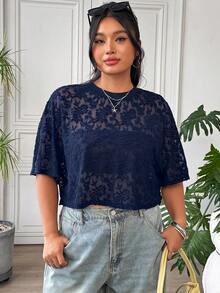 SHEIN EZwear 大尺碼女款海軍藍花卉網紗圓領短袖上衣 - 藏蓝色 - 查看 4