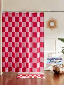 1PC Bright Pink Grid Bathroom Shower Curtain Durable Polyester Fabric No Drill Hooks Machine Washable For Modern Bathroom Decor Waterproof Mildew Resistant Easy Install Home Use - multicolor - View 1