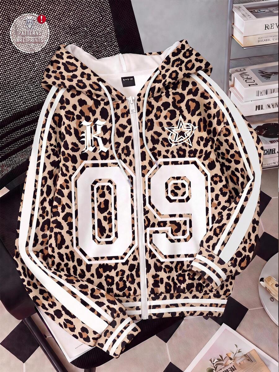 SHEIN EZwear 復古豹紋數位印花休閒街頭風寬鬆衛衣,對比色設計,適合秋冬穿著,秋季衛衣,適用於日常通勤、聚會、秋冬夏季、聖誕節、新年、感恩節、派對、婚禮、海灘、畢業典禮、優雅、外出、約會、通勤、情人節、優雅、度假、Y2K - 彩色 - 查看 1