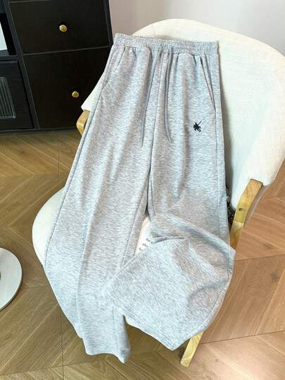 SHEIN LUNE Women's Autumn New Light Gray Horse Embroidery Sweatpants, Elastic Waist Drawstring Draped Wide Leg Flared Loose Casual Floor-Length Pants