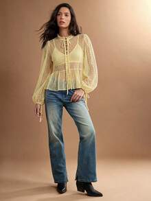 WESTFADE Sheer White Polka Dot Mesh Mock Neck Bow Tie Front Ruffle Peplum Long Sleeve Top For Women,Elegant Summer Tea Party Cute Fall Yellow Boho Blouse - Yellow - View 3