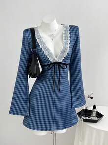 Elamini Plaid Lace Trim Tie-Front Dress - Multicolor - View 7