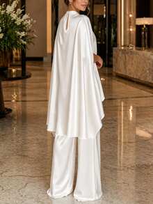 SHEIN LUNE Plus Size Women's Cape Top And Long Pants Elegant Casual 2 Pieces Set - Beige - View 2