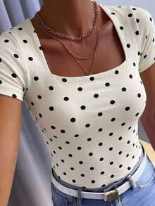 DAZY Women's Round Neck Polka Dot Print Ruched Short Sleeve Fitted T-Shirt Cute Tops - Apricot - View 3