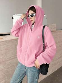 SHEIN 青少年女孩粉色可翻面抓絨刺繡馬匹休閒寬鬆冬季夾克，簡約學院風休閒夾克 - 粉色 - 查看 4
