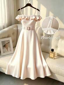 SHEIN Women's Elegant Summer Cream White Pearl Spaghetti Strap Dress,French One-Shoulder Ruffled Off-Shoulder Formal High-Waisted Mid-Length Dress - Apricot - View 8
