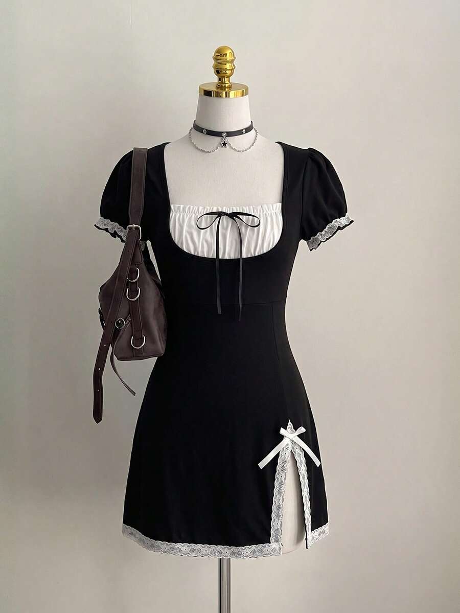 Elamini Robe courte d'été douce vintage noir & blanc contraste avec bordure en dentelle et nœud fendu - Noir - Voir 1