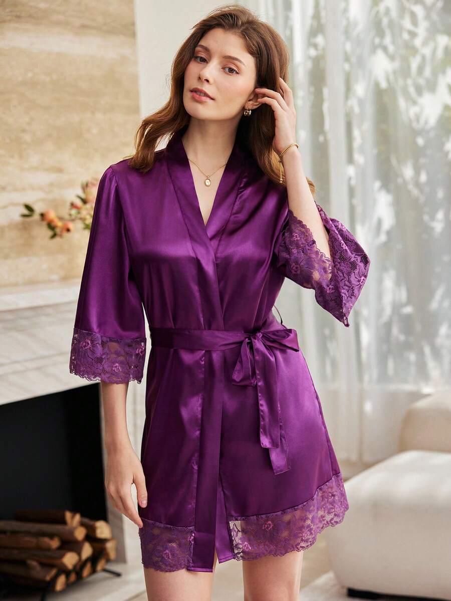 Moireta Solid Color & Lace Trim Women's Nightgown - Purple - View 1