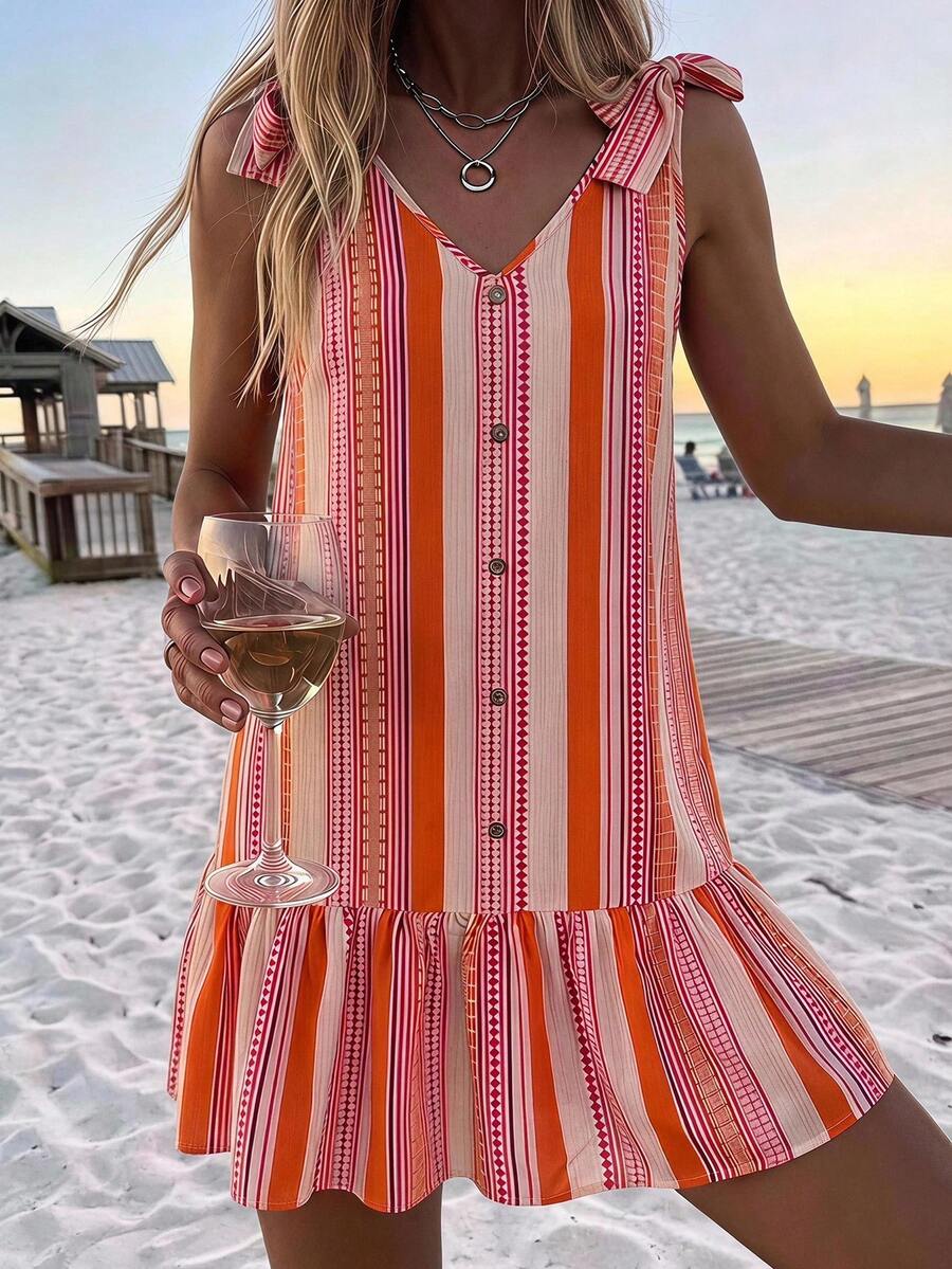 SHEIN LUNE Women's Casual Striped Bowknot Summer Vacation Commute Daily Basic Fashion Outing Sleeveless Short Dress - Multicolor - View 1