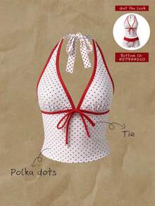 Elavelle Parte superior de bikini con tirantes de espagueti y lazo con estampado de lunares para mujer, para primavera/verano, para playa, boda y fiesta. Conjunto de tankini de una pieza con cuello halter y estampado de lunares para mujer. Traje de baño de una pieza con cuello halter y estampado de lunares para outfit de playa de verano para mujer. - Multicolor - Ver 1