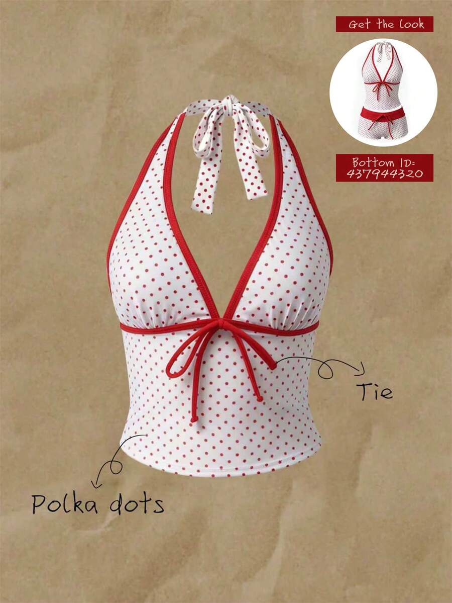 Elavelle Parte superior de bikini con tirantes de espagueti y lazo con estampado de lunares para mujer, para primavera/verano, para playa, boda y fiesta. Conjunto de tankini de una pieza con cuello halter y estampado de lunares para mujer. Traje de baño de una pieza con cuello halter y estampado de lunares para outfit de playa de verano para mujer. - Multicolor - Ver 1