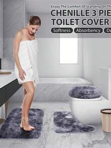 Three Pieces Set Dark Gray Tie-Dyed Plush Toilet Three Pieces Set Floor Mat Non-Slip Toilet Combination Floor Mat Set Non-Slip Decorative Carpet - dark gray - View 4