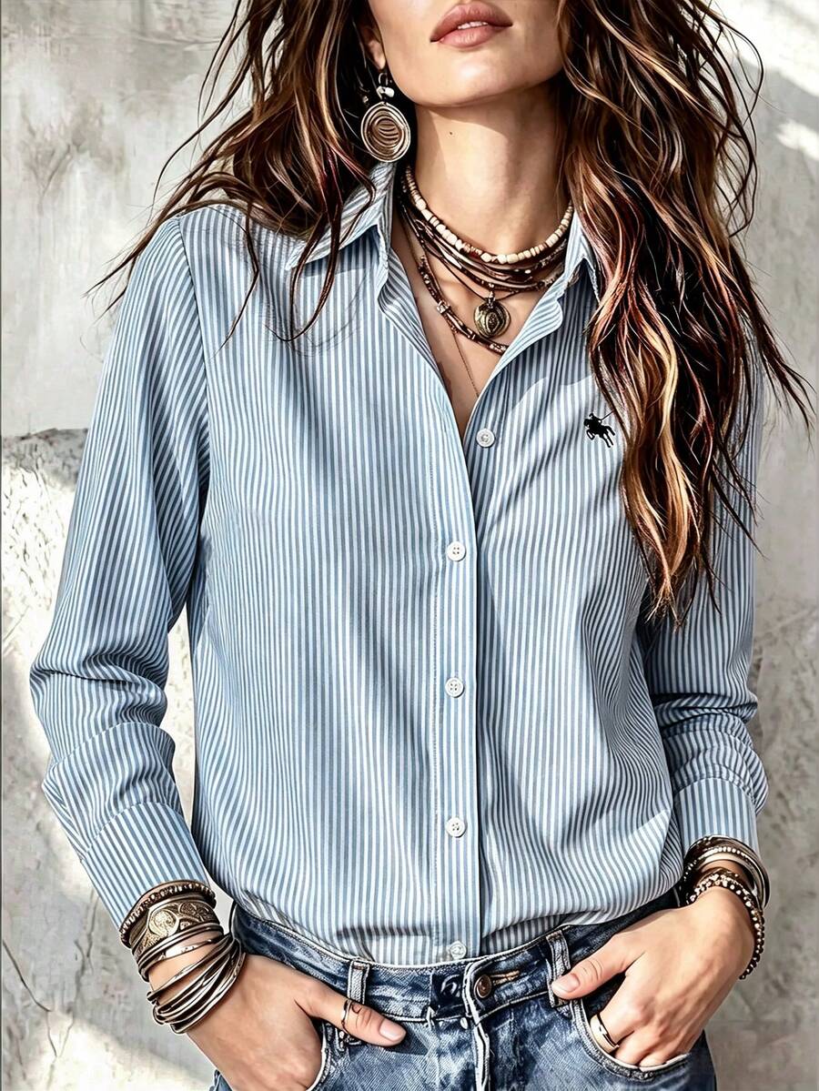 EMERY ROSE 休閒學院風梭織長袖襯衫女款,卡通刺繡細節,教師節辦公穿搭,藍白條紋,秋季 - 彩色 - 查看 1