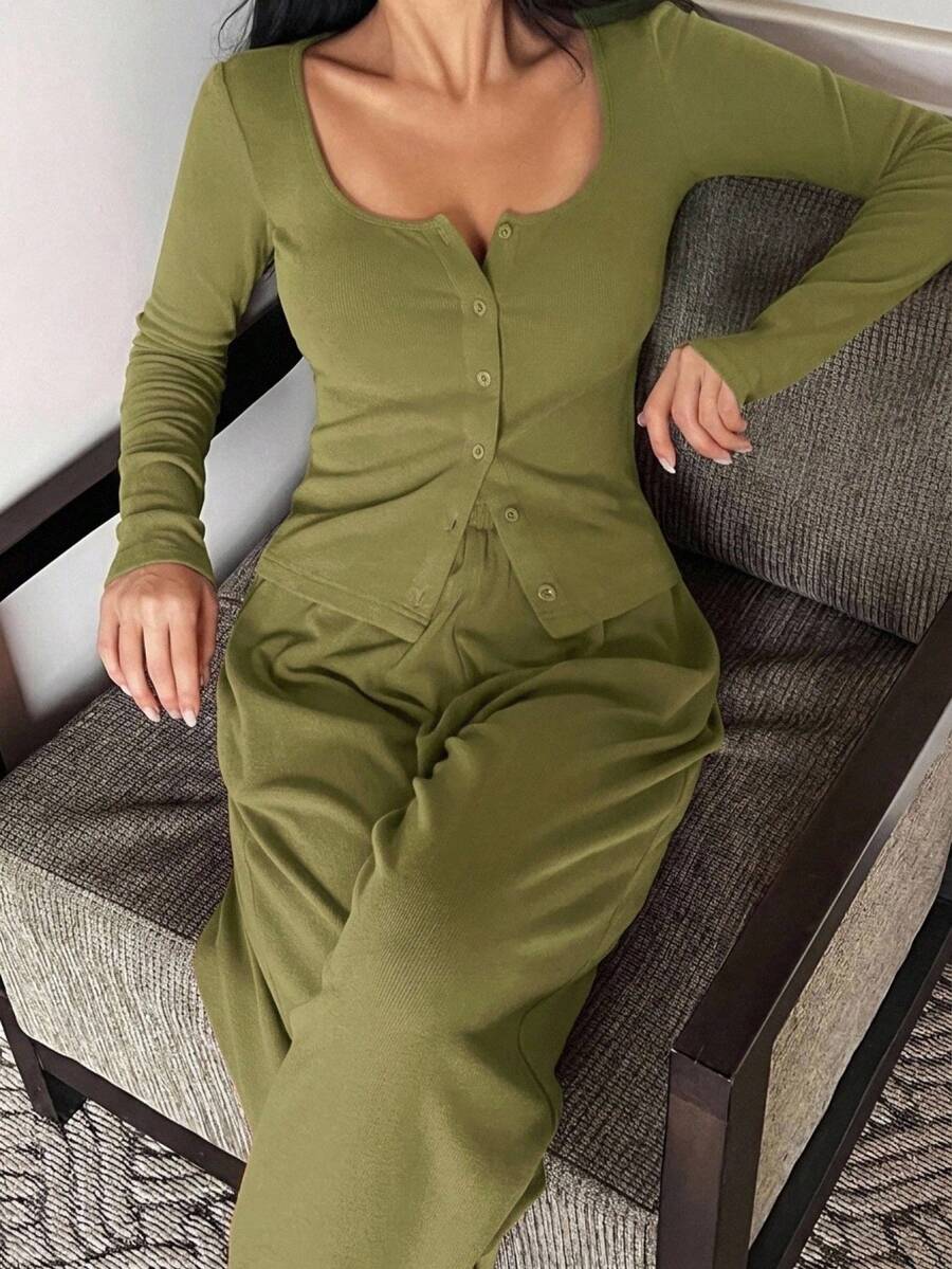 DAZY Autumn/Winter Brushed Knit Slim Top & Loose Pajama Pants 2-Piece Set, Spring Women's Loungewear Set - Green - View 1