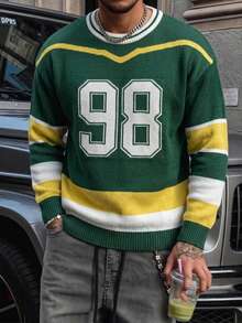 Manfinity Homme Men's Letter Stripe Jacquard Contrast Color Crew Neck Long Sleeve Sweater - Green - View 1
