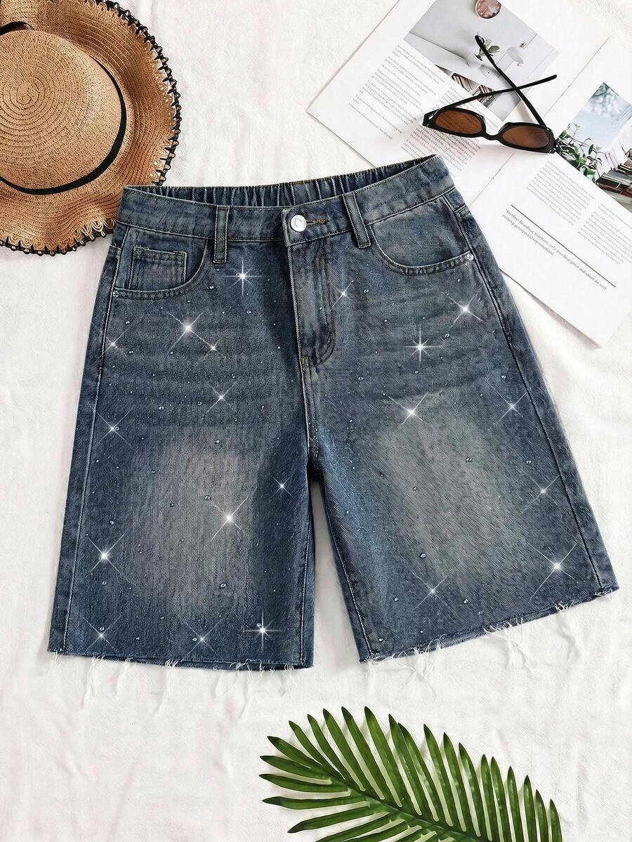 SHEIN Teen Girl Fashion Rhinestone Button Pocket Denim Shorts For Daily Wear - Dark Wash - View 1