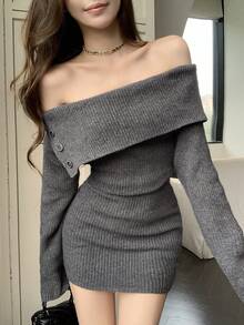 Dazy Tall Women's Off-Shoulder Off-Shoulder Long Sleeve Elegant Short Sweater Dress - Dark Grey - View 2