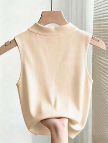 SHEIN Franclia 女款時尚翻領無袖羅紋修身背心，適合春夏情人節浪漫約會、海灘婚禮生日出遊，優雅休閒度假通勤穿搭 - 杏色 - 查看 2