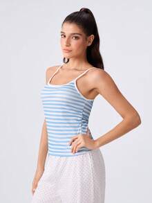 Loungeista Women Thin Spaghetti Strap Cami Top, Versatile Casual Tank Top, Sport Vacation Loungewear For Spring Summer Autumn - Blue and White - View 4
