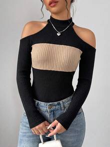 Selianne Street Fashion Open Shoulder Contrast Color Long Sleeve Bodysuit For Vacation And Travel - Black - View 5