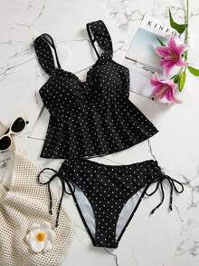 Swim Mod Women's Fashion Polka Dot Floral Trim Decorated Camisole & Bikini Set, Suitable For Summer Beach Vacation - Black and White - View 7