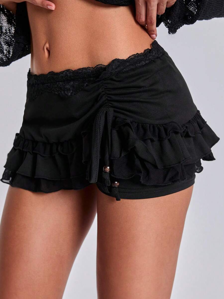 ACID BLVD Women Spring Summer Black Vintage Style Sexy Low-Waist Lace Trim Layered Ruffle Tie-Up Asymmetric Ruched Mini Skirt - Black - View 1