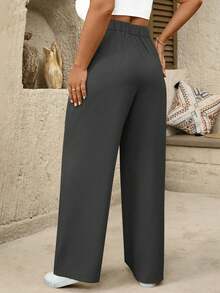 SHEIN Tall Plus Size Women High Waist Pleated Wide Leg Casual Pants Fall - Dark Grey - View 2