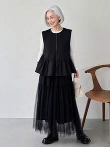 FRIFUL Women's Early Autumn New Korean Style Zipper Layered Vest With Patchwork Pleated Ruffle Hem Regular Jacket - Black - View 9