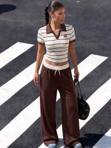 SHEIN 2pcs/Set Teen Short Sleeve & Long Pants Outfit, Pink Bow Ribbon, Suitable For Spring/Summer, Sports & Commute - Multicolor - View 3