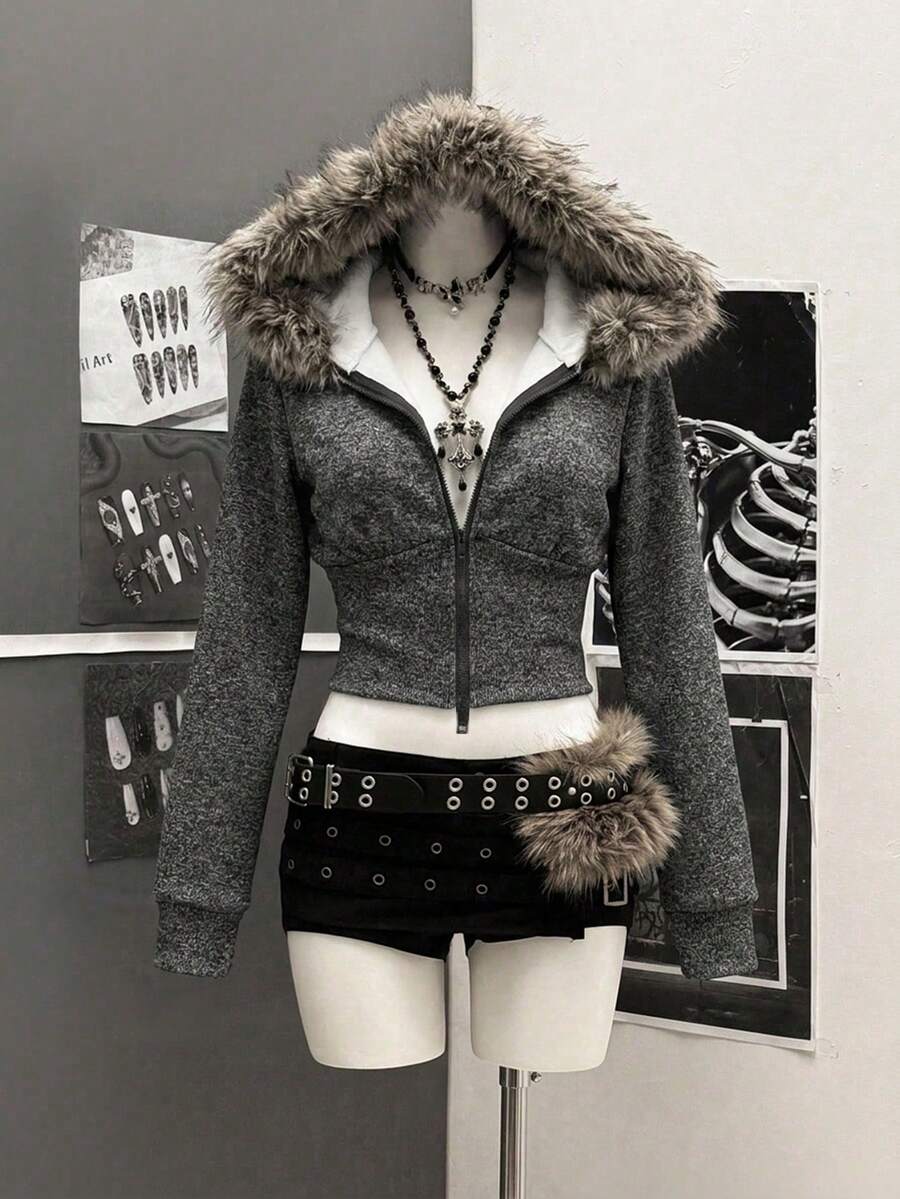 StreetHx 街頭風女款秋季連帽毛領修身長袖夾克 - 深灰色 - 查看 1