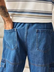 Norleigh Loose Drawstring Solid Color Men's Jogger Cargo Jeans With Flap Pockets On Sides - Medium Wash - View 7