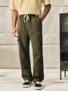 Norleigh Men's Solid Color Drawstring Waist Cargo Pocket Pleated Pants Men Army Green Plain Fabric Straight Leg Long Casual Amekaji Style With Pockets - Army Green - View 3
