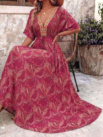 Breezaya Plus Size Women's Fashion Casual Loose Flattering Comfortable Everyday Basic Versatile Vintage Ditsy Floral V-Neck Cinched Waist Long Dress