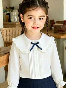 SHEIN Elladie kids 少女白色襯衫，秋季返校娃娃裝上衣，大蕾絲翻領配海軍藍蝴蝶結門襟，細緻百褶設計與荷葉邊袖口 - 白色 - 查看 5