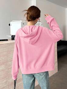 SHEIN 青少年女孩粉色可翻面抓絨刺繡馬匹休閒寬鬆冬季夾克，簡約學院風休閒夾克 - 粉色 - 查看 2