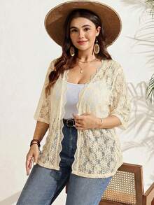 SHEIN LUNE 大尺碼女款蕾絲休閒百搭日常夾克外套 秋季 - 米色 - 查看 6